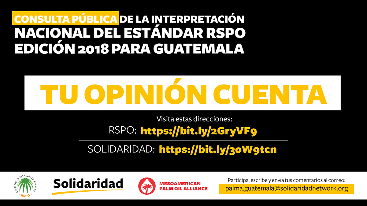 Invitaci&oacute;n a la consulta p&uacute;blica de la Interpretaci&oacute;n Nacional del Est&aacute;ndar RSPO edici&oacute;n 2018 para Guatemala."Tu Opini&oacute;n Cuenta" dice la invitaci&oacute;n.