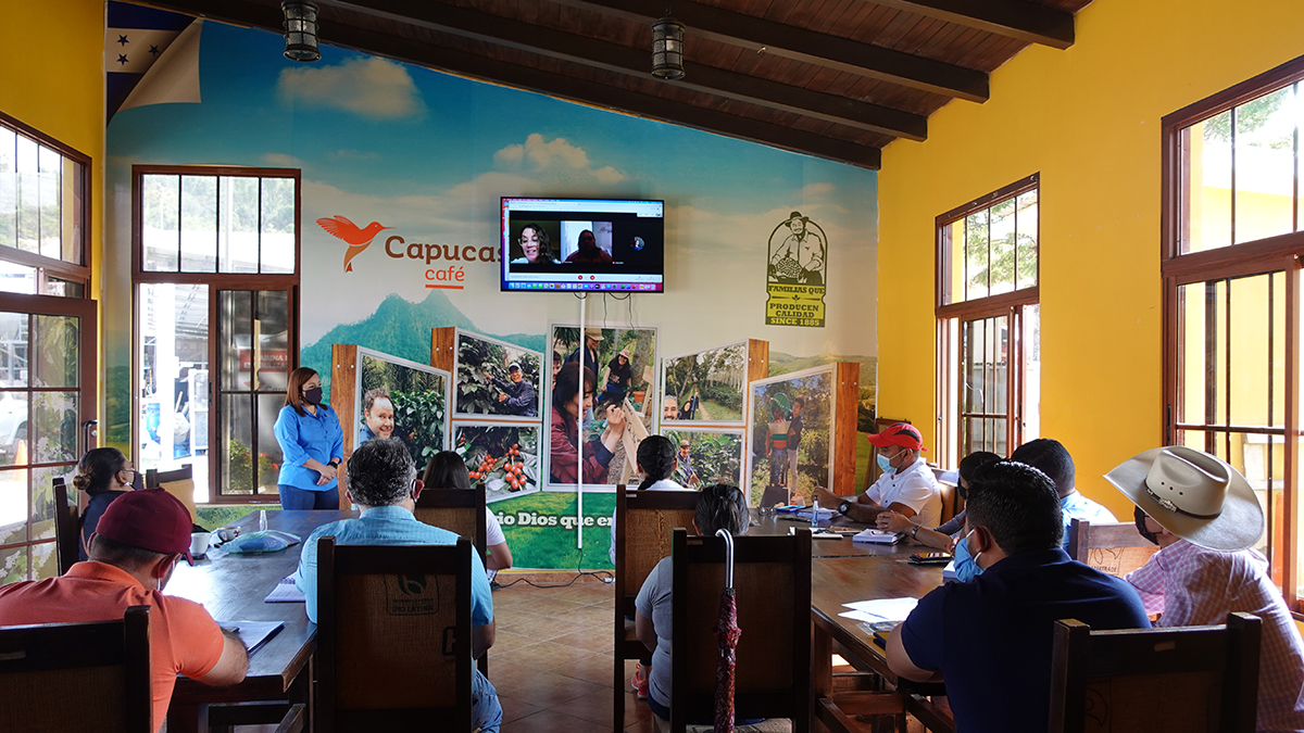 Participantes en el lanzamiento semi-presencial del programa &iexcl;REFORCEMOS LA SOSTENIBILIDAD! en la cadena de caf&eacute; en Honduras, en las instalaciones de la Cooperativa Capucas en Cop&aacute;n.