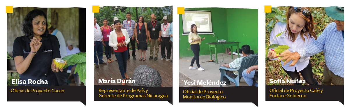 Elisa Rocha, Oficial de Proyecto Cacao; Mar&iacute;a Dur&aacute;n, Representante de Pa&iacute;s y Gerente de Programas Nicaragua; Yesi Mel&eacute;ndez, Oficial de Proyecto Monitoreo Biol&oacute;gico; Sof&iacute;a N&uacute;&ntilde;ez, Oficial de Proyecto Caf&eacute; y Enclace Gobierno