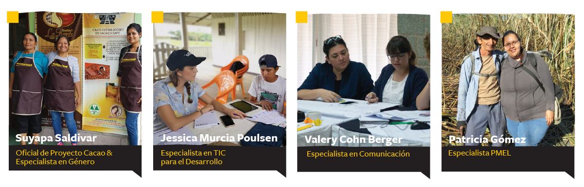 Suyapa Saldivar, Oficial de Proyecto Cacao & Especialista en G&eacute;nero; Jessica Murcia Poulsen, Especialista en TIC para el Desarrollo; Valery Cohn Berger, Especialista en Comunicaci&oacute;n; Patricia G&oacute;mez Conde, Especialista PMEL