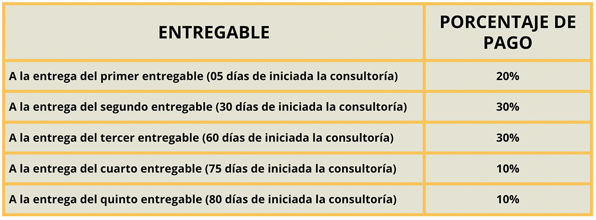 El monto asignado a la presente consultor&iacute;a es de USD 8,000. Los pagos se realizar&aacute;n con base en la propuesta econ&oacute;mica aprobada de la siguiente forma, y a contra entrega de los entregables de la consultor&iacute;a: